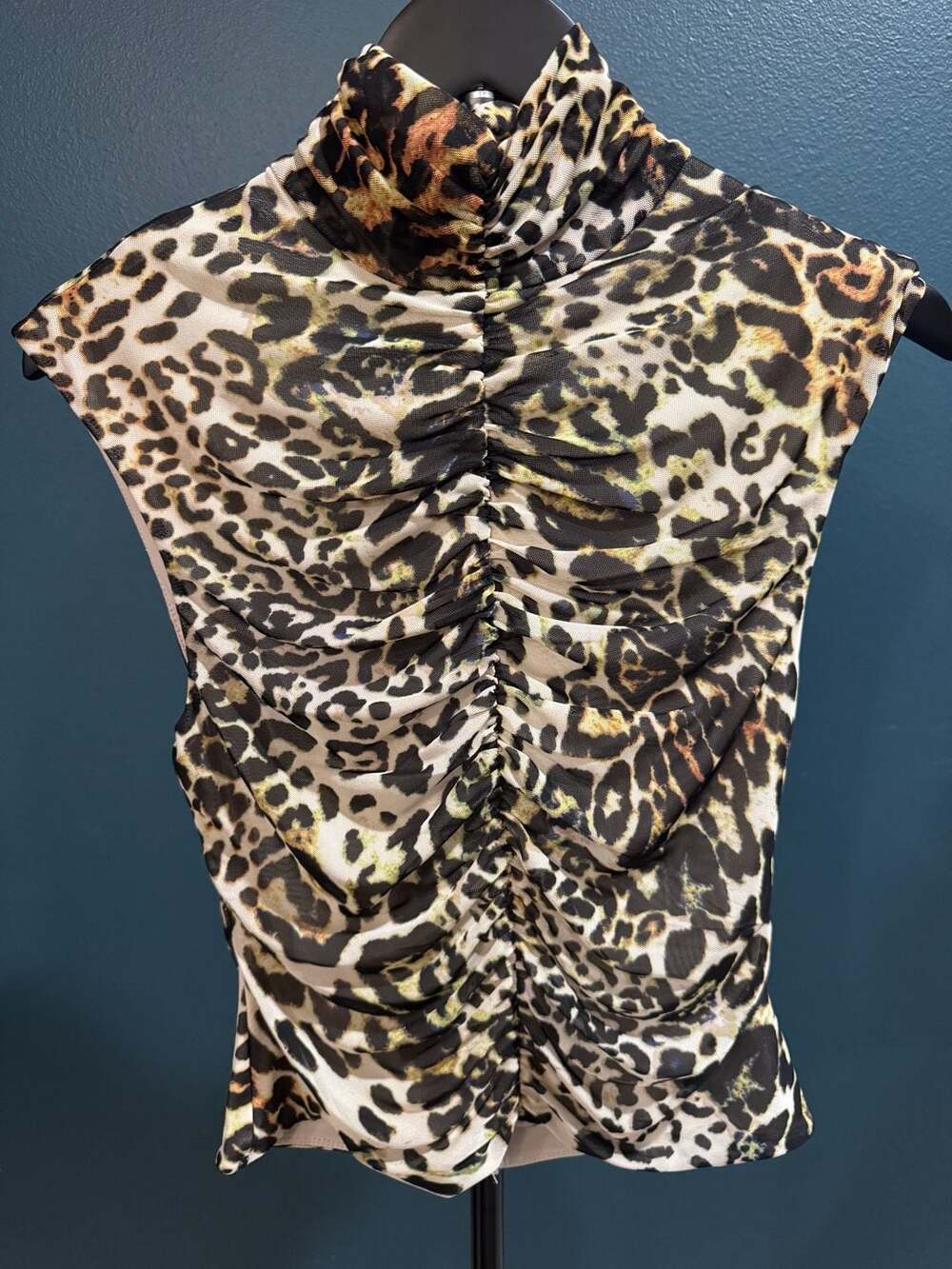Anthropologie Leopard Print Mesh Ruched Sleeveless Turtleneck Top